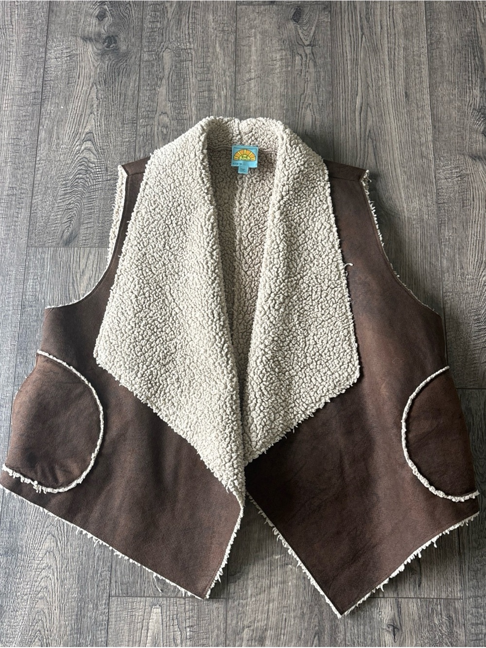 C&C California Brown Faux Suede Vest with Cream Sherpa